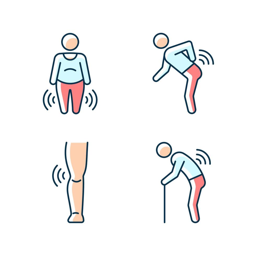 elderly patients with arthritis rgb color icons set body weight back rheumatism joint damage in children autoimmune condition isolated illustrations simple filled line drawings collection vector |